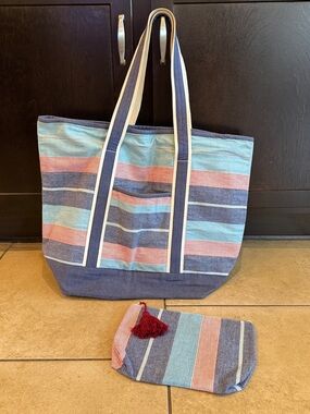 Striped Canvas Tote Bag with Pouch - Blue & red